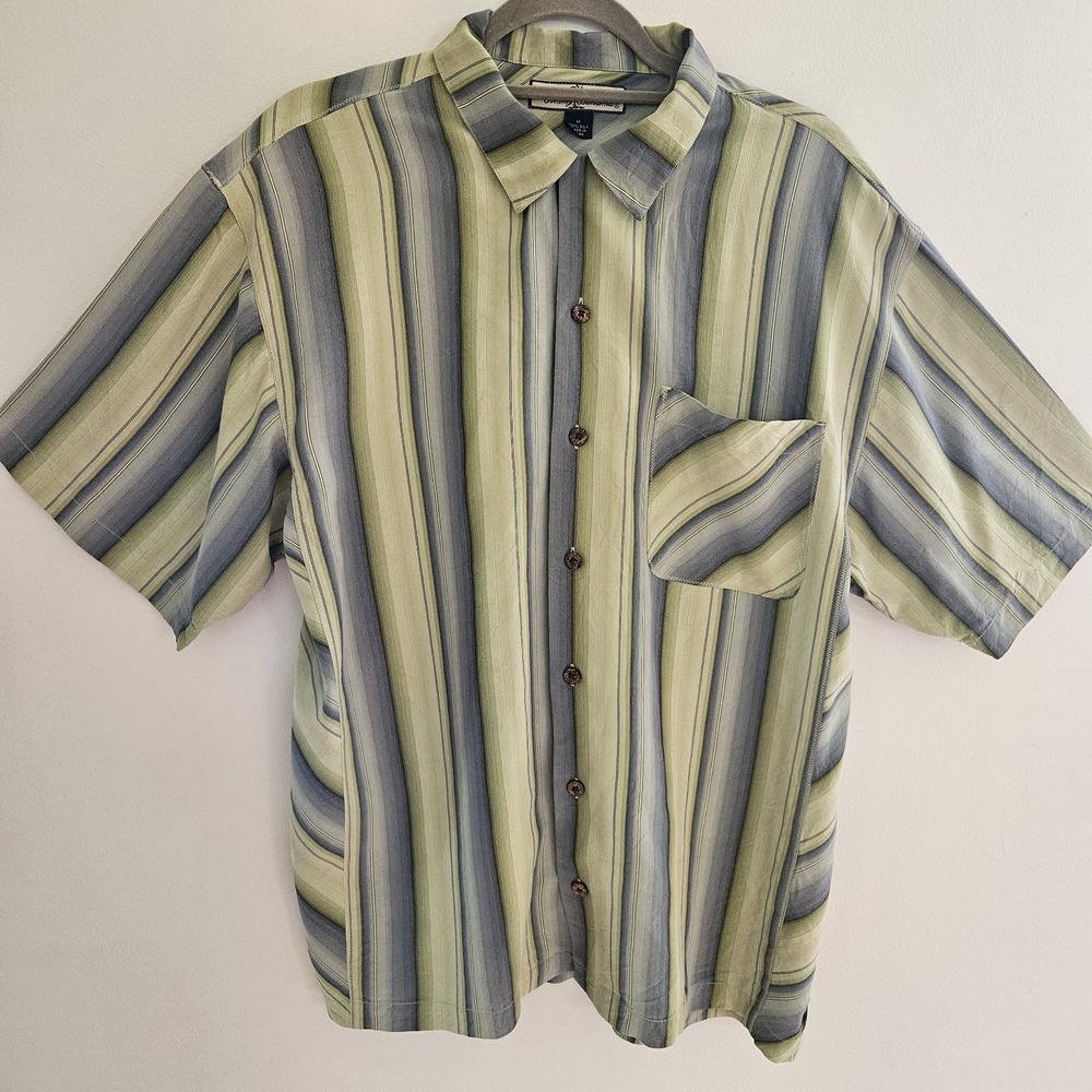Silk Tommy Bahama Shirt Men M Striped Hawaii Short Sleeve Button Up Resort Wear
